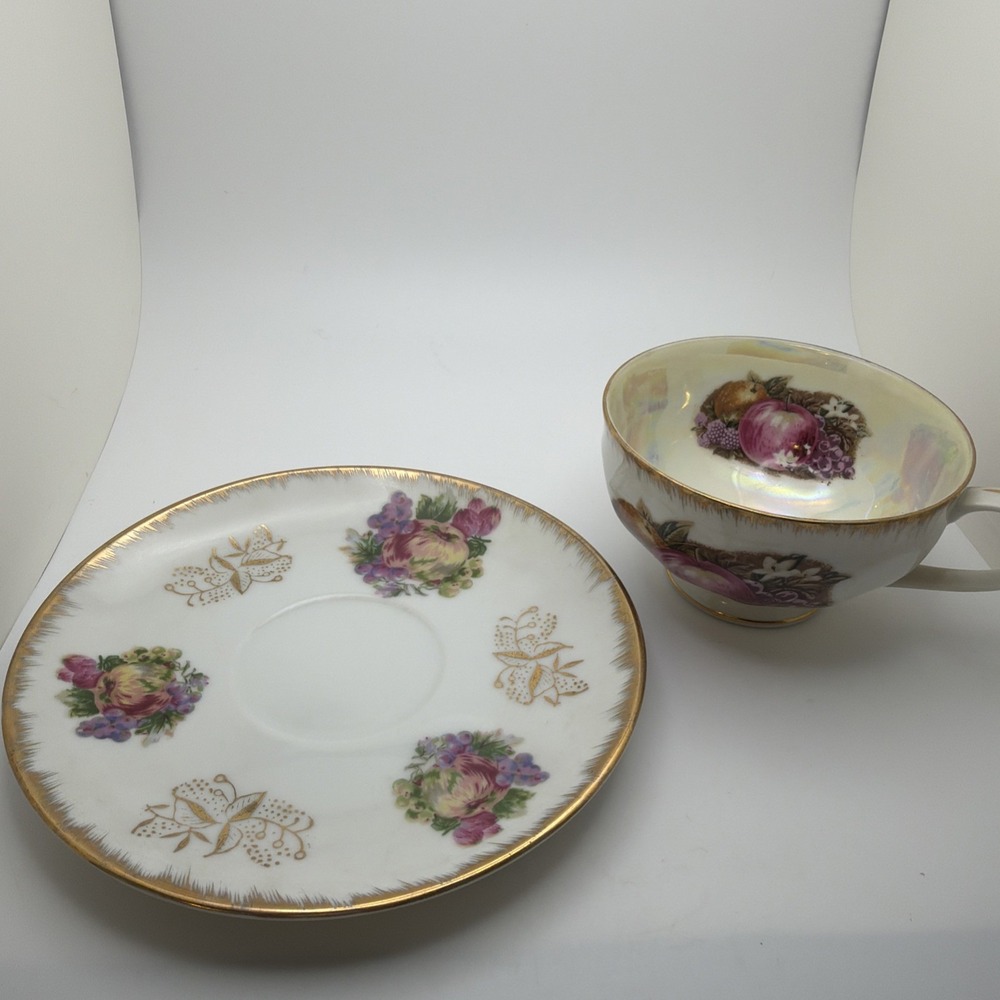 Vintage 1950s Teacup and Saucer Fruit Painted Gold Rim Made in Japan White